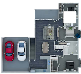 A top-down view of a house with a red car parked on the left and a white car parked on the right.