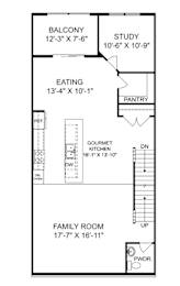 A floor plan of a house with a balcony, study, pantry, eating area, and a family room.