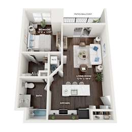 A floor plan of a small apartment with a living room, kitchen, bathroom, and bedroom.
