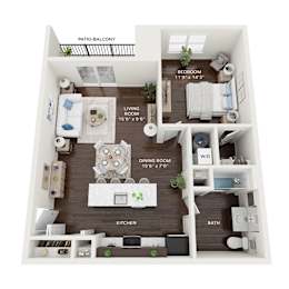 A diagram of a small apartment layout with a living room, dining room, kitchen, bathroom, and bedroom.