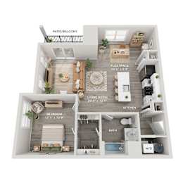 A floor plan of a small apartment with a living room, bedroom, kitchen, and bathroom.