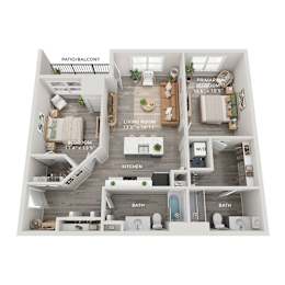 A 3D floor plan of a small apartment with a living room, kitchen, two bathrooms, and a patio.