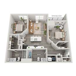 A floor plan of an apartment with a living room, kitchen, and two bedrooms.