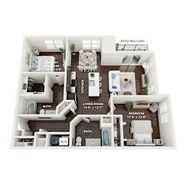 A floor plan of an apartment with a living room, dining room, kitchen, and bedrooms.