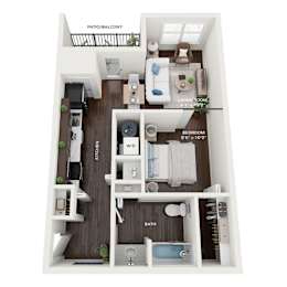 A floor plan of a small apartment with a living room, kitchen, and bedroom.