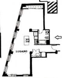 A black and white drawing of a floor plan with the word "LUGANO" on it.