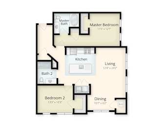 A floor plan of a house with a master bedroom, a kitchen, a dining area, a living room, and two bathrooms.