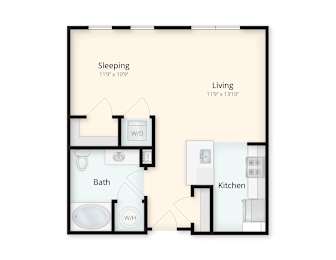 A studio apartment with a bathroom and kitchen