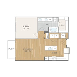 A floor plan of a room with a bedroom, bath, living area, kitchen, and pan.