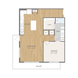 A floor plan of a small apartment with a living area, kitchen, and bathroom.