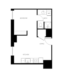 A floor plan of a small apartment with a bedroom, bathroom, living room, and kitchen.