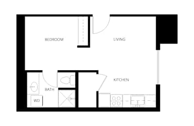 A floor plan of a small apartment with a bedroom, living room, kitchen, bathroom, and a work desk.