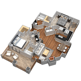 A 3D rendered image of a house layout with multiple rooms.