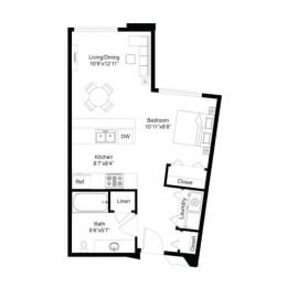 Studio and 1 bathroom 2D apartment floor plan at Brickstone