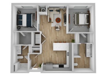 a stylized rendering of a bedroom floor plan with a wood floor