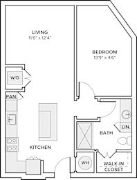 A drawing of a house layout with a living room, kitchen, bedroom, bathroom, and walk-in closet.