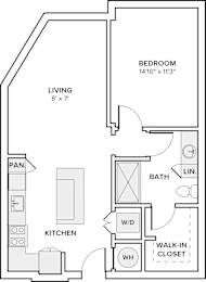 A black and white image of a floor plan for a small apartment.