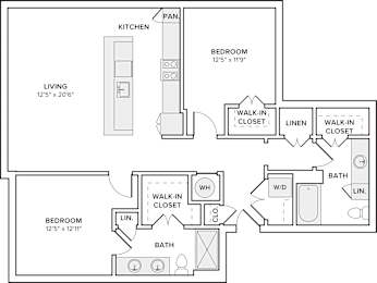 A floor plan of a home with a living room, kitchen, and two bedrooms.