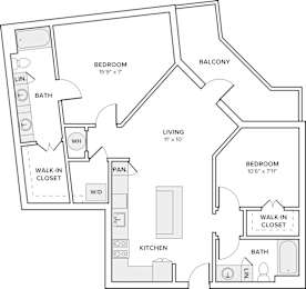 A black and white drawing of a house layout with two bedrooms, a living room, a kitchen, a bath, a walk-in closet, and a pan.
