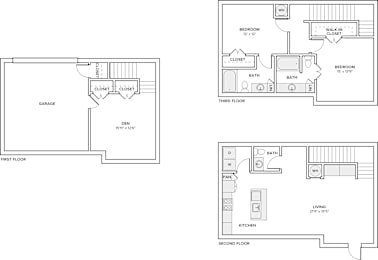 A floor plan of a house with three bedrooms, two bathrooms, a living room, a kitchen, a first floor, a second floor, and a garage.