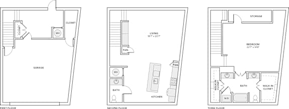 Three floor plan of a house with a garage, kitchen, living room and bedroom.