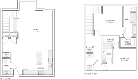 A floor plan of a two-story home with two bedrooms, two bathrooms, a living area, a kitchen, and a first floor closet.