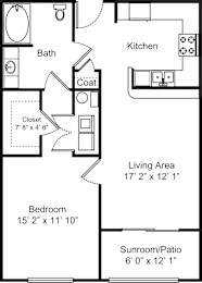 A floor plan of a small apartment with a living area, bedroom, bathroom, kitchen, and closet.