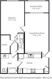 A floor plan of a one bedroom/bath with sunroom/patio.