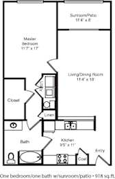 A floor plan of a small apartment with one bedroom and one bathroom.
