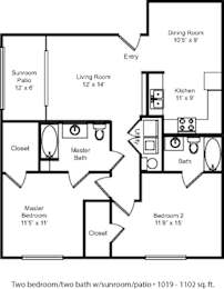 A black and white image of a two bedroom apartment floor plan.
