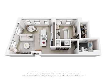 A 3D floor plan of a small apartment with a kitchen, living room, and bathroom.