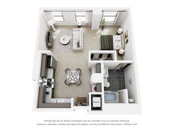 A 3D floor plan of a small apartment with a kitchen, living room, and bathroom.