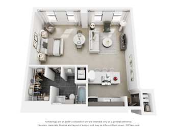 A 3D floor plan of a small apartment with a kitchen, living room, and bathroom.