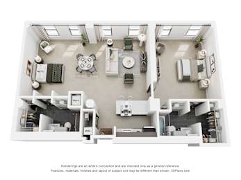 A 3D floor plan of a house with a kitchen, living room, dining room, and bathrooms.