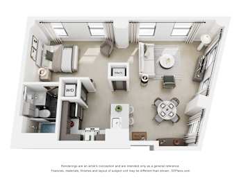 A 3D floor plan of a small apartment with a kitchen, living room, and bathroom.