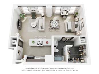 A 3D floor plan of a small apartment with a kitchen, living room, and bathroom.