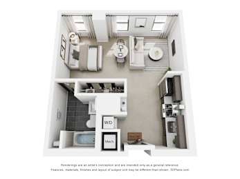A 3D floor plan of a small apartment with a kitchen, living room, and bathroom.