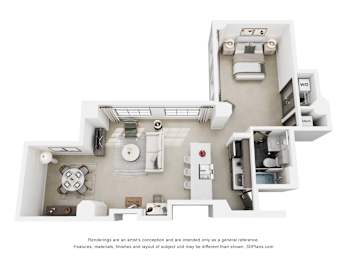 A 3D floor plan of a small apartment with a kitchen, living room, and bathroom.