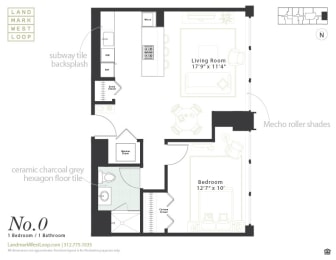 One bedroom floorplan at Landmark West Loop Apartments in Chicago, IL