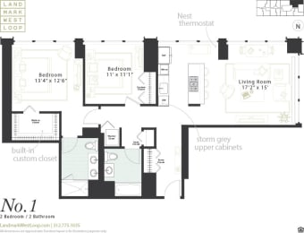 Two bedroom two bathroom floorplan at Landmark West Loop Apartments in Chicago, IL
