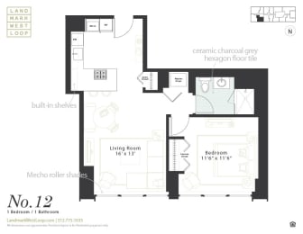 One bedroom floorplan at Landmark West Loop Apartments in Chicago, IL