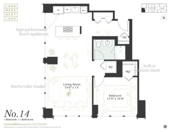 One bedroom floorplan at Landmark West Loop Apartments in Chicago, IL