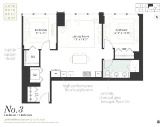 Two bedroom one bath floorplan at Landmark West Loop Apartments in Chicago, IL