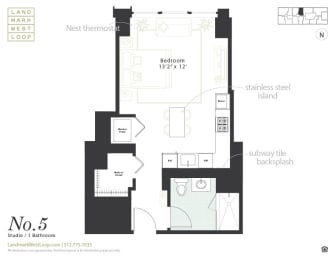 Studio floorplan at Landmark West Loop Apartments in Chicago, IL