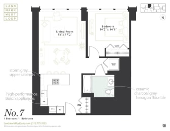 One bedroom floorplan at Landmark West Loop Apartments in Chicago, IL