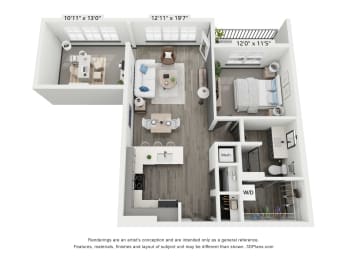 1 bed 1 bath plus den floorplan