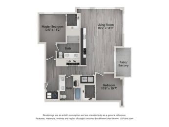 us state floor plan | 2 bedroom with 2 bath | 1126 square feet | the mel