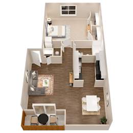 Floor Plan  a 3d rendering of a 1 bedroom floor plan with a kitchen and living room