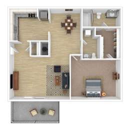 a stylized floor plan with a bedroom and a living room