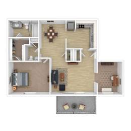 a stylized floor plan with a bedroom and a living room